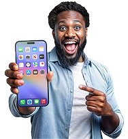 Smiling man holding a phone and pointing at it